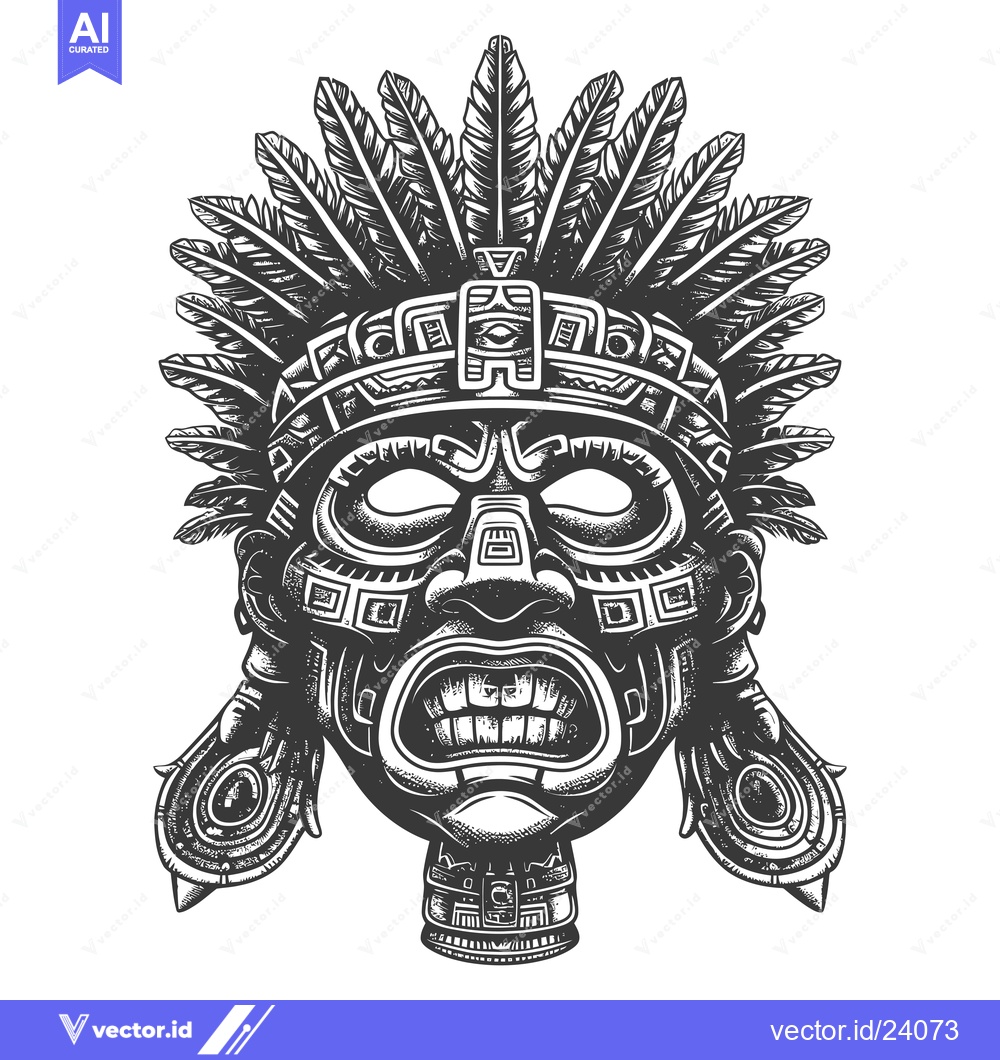 Premium Vector dari Black and White Illustration of an Ancient Aztec Mask with Feathers