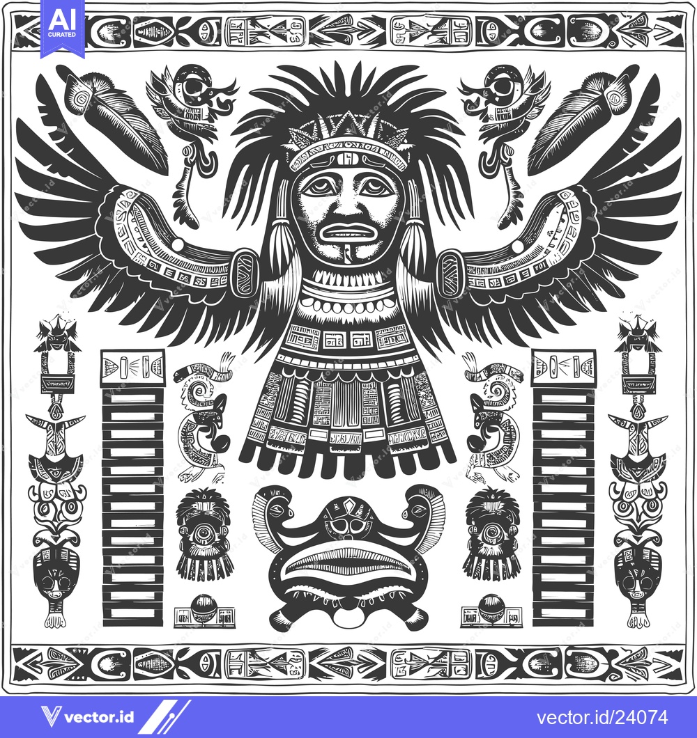 Premium Vector of Black and White Illustration of an Ancient Aztec-Style Deity with Wing