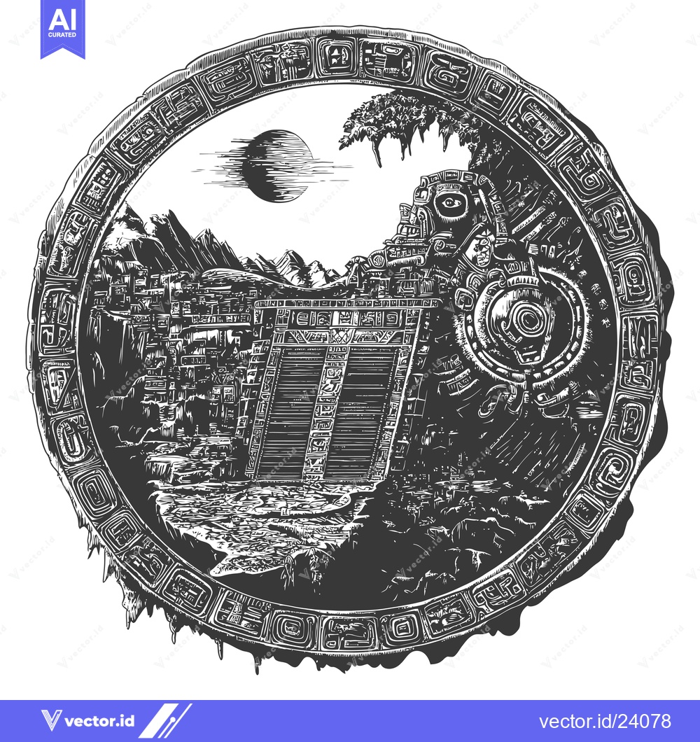Premium Vector of Black and White Illustration of an Ancient Mayan City Within a Circula