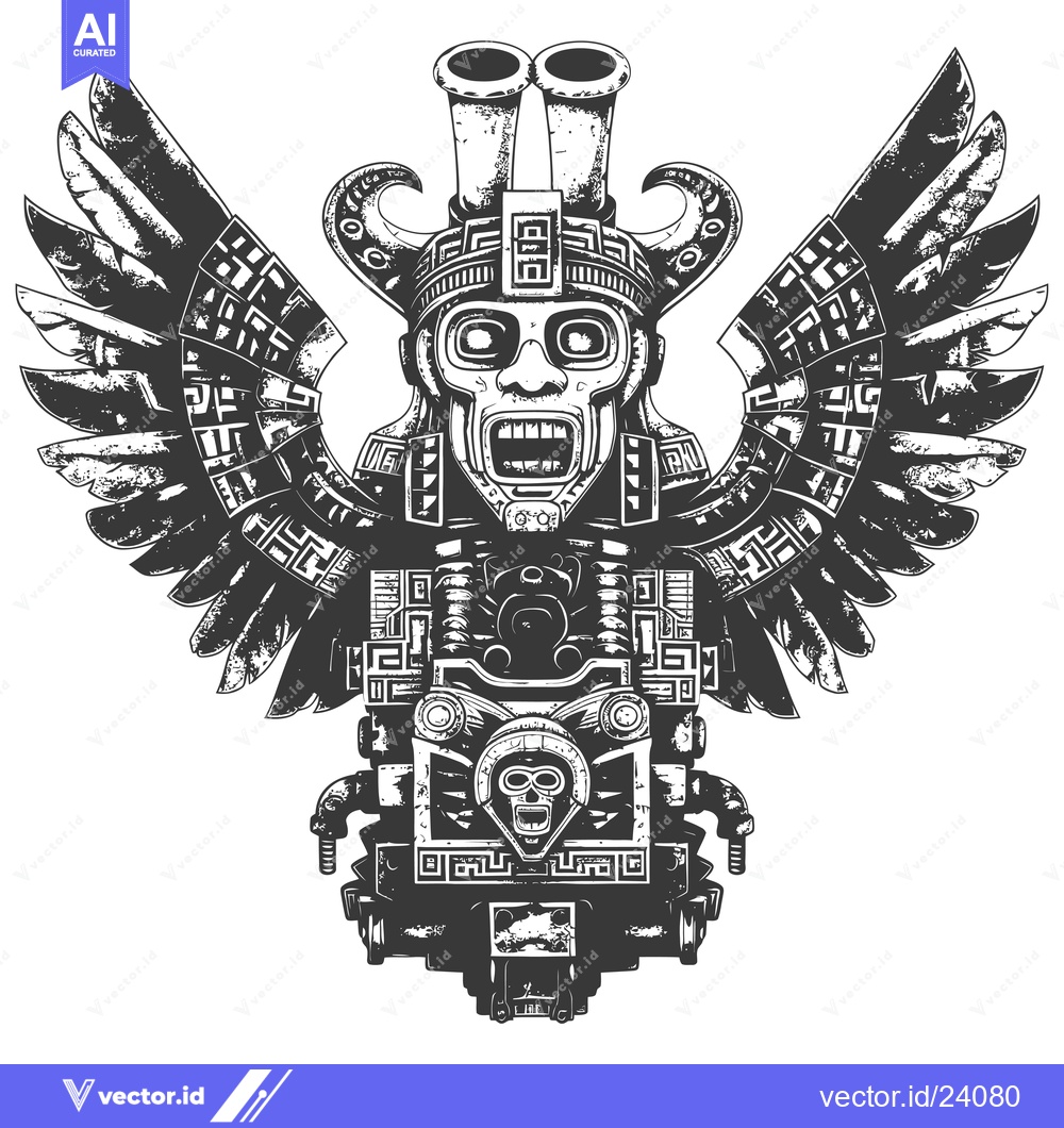 Premium Vector dari Black and White Illustration of an Ancient Mayan Deity with Wings