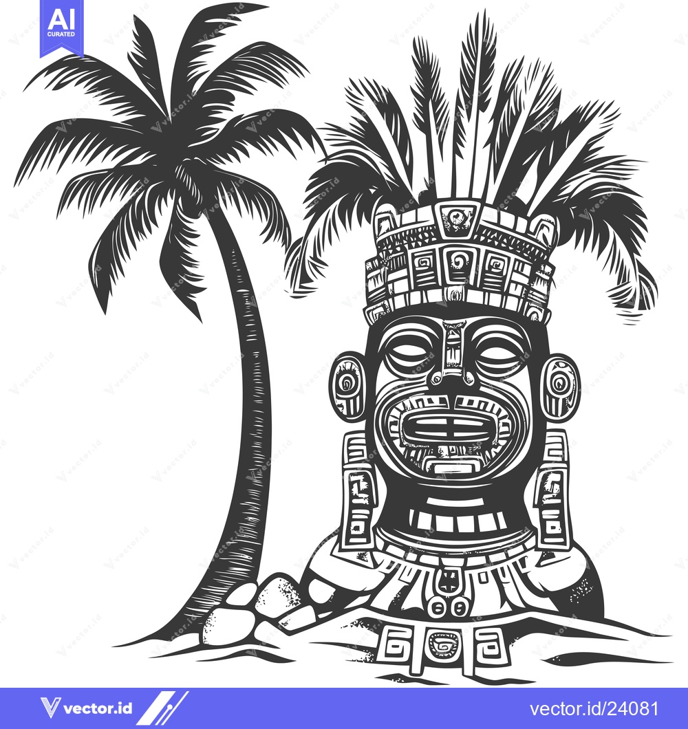 Premium Vector dari Black and white illustration of an ancient Mayan head and a palm tree