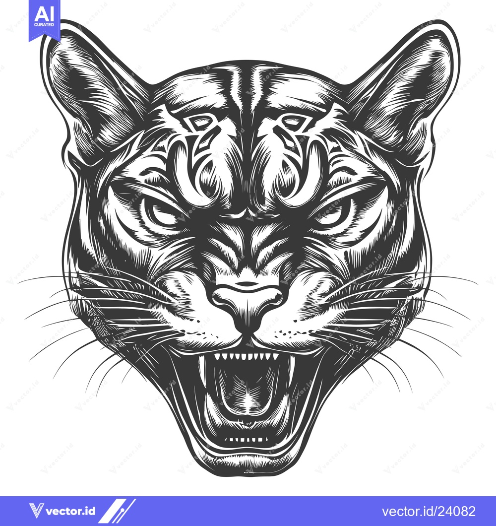 Premium Vector of Black and white illustration of an angry feline with sharp teeth and w