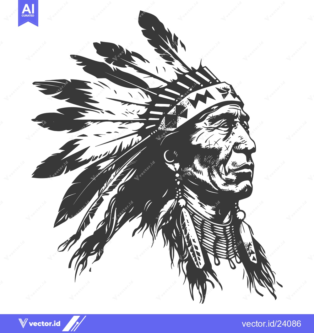 Premium Vector of Black and White Illustration of a Native American Chief in Profile Wea