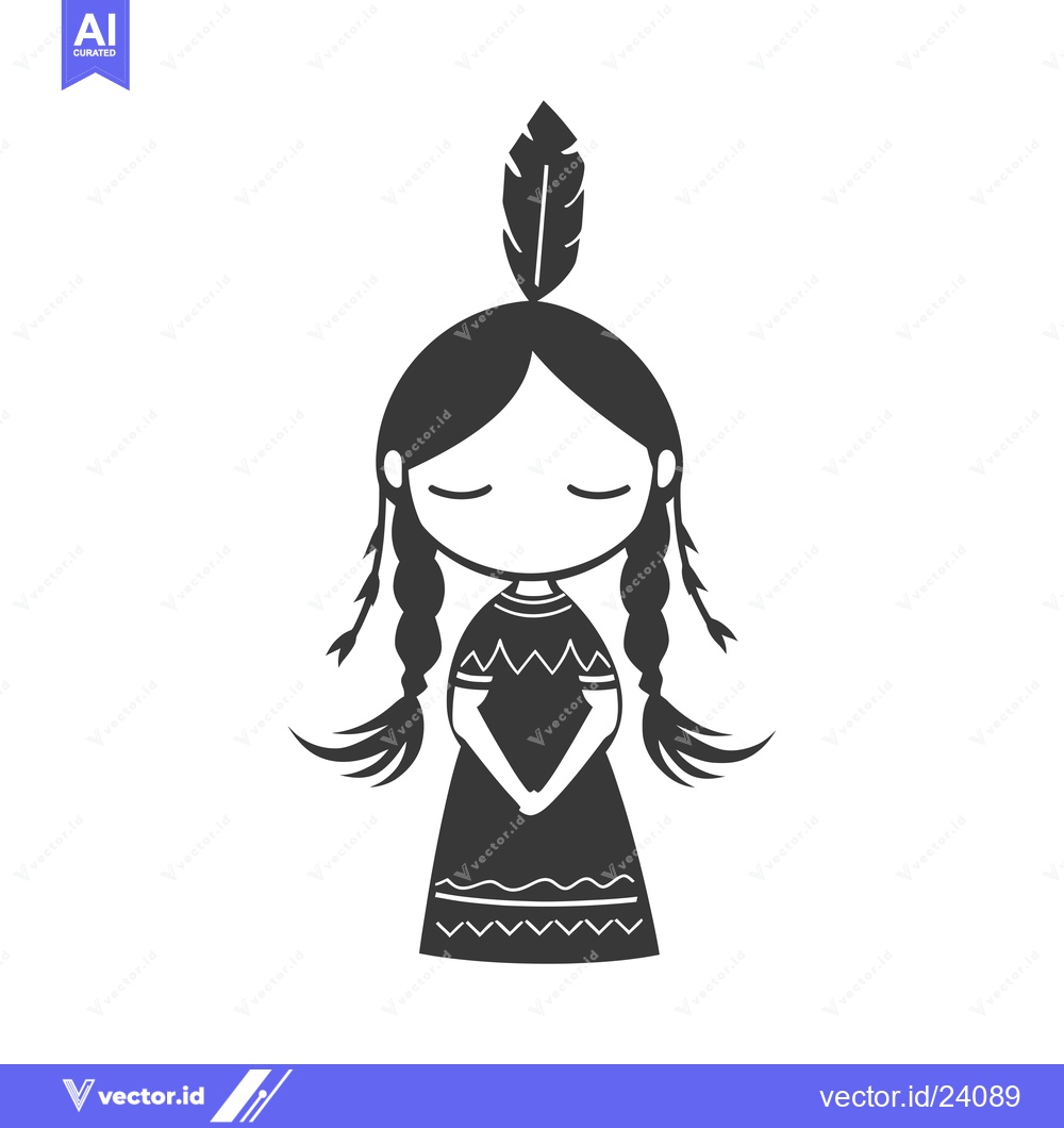 Premium Vector of Black and white illustration of a Native American girl with braids and