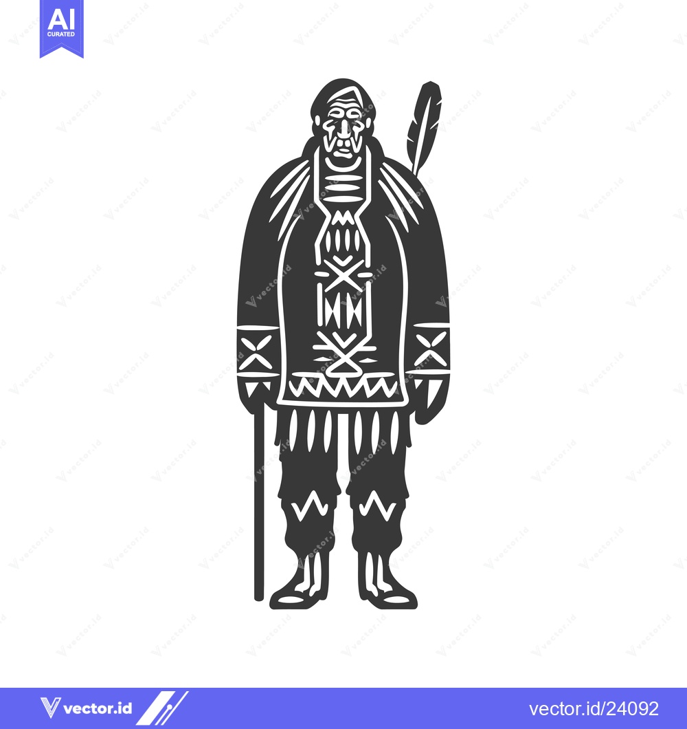 Premium Vector dari Black and White Illustration of a Native American Man with a Staff and