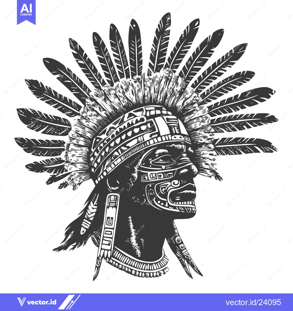 Premium Vector of Black and White Illustration of a Native American Warrior Wearing a He