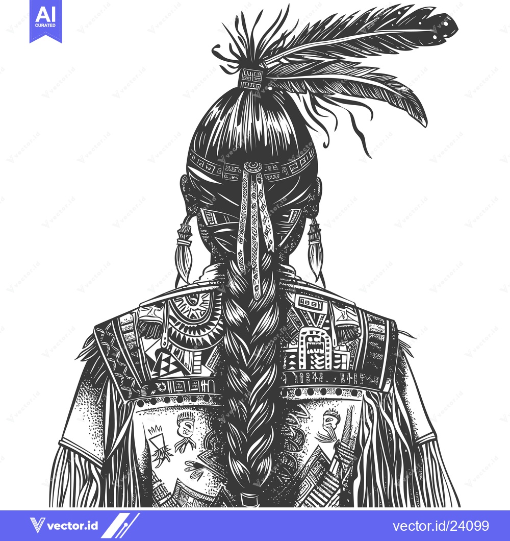 Premium Vector dari Black and White Illustration of a Native American Woman with Braids an