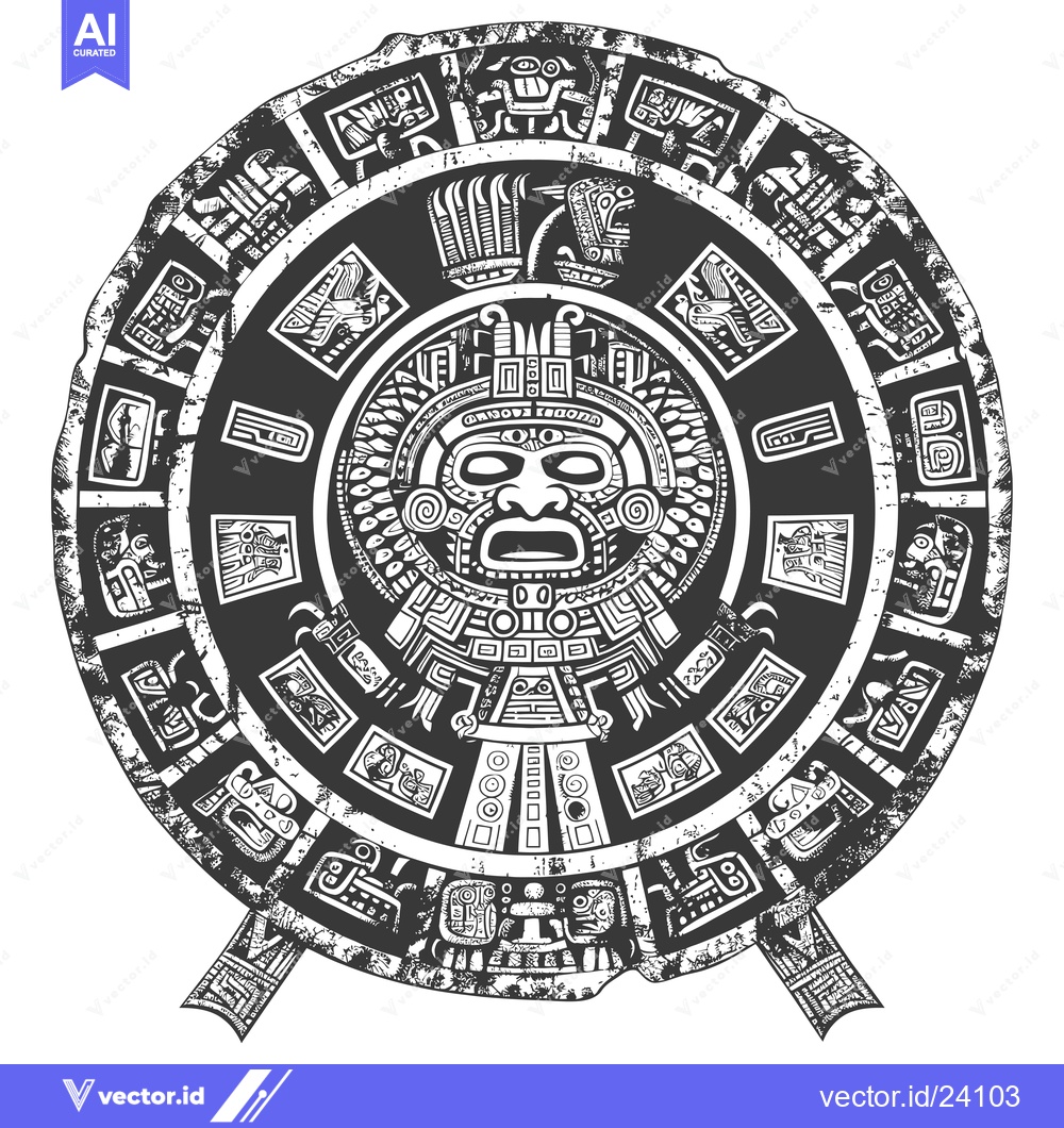 Premium Vector of Black and white illustration of an Aztec calendar stone