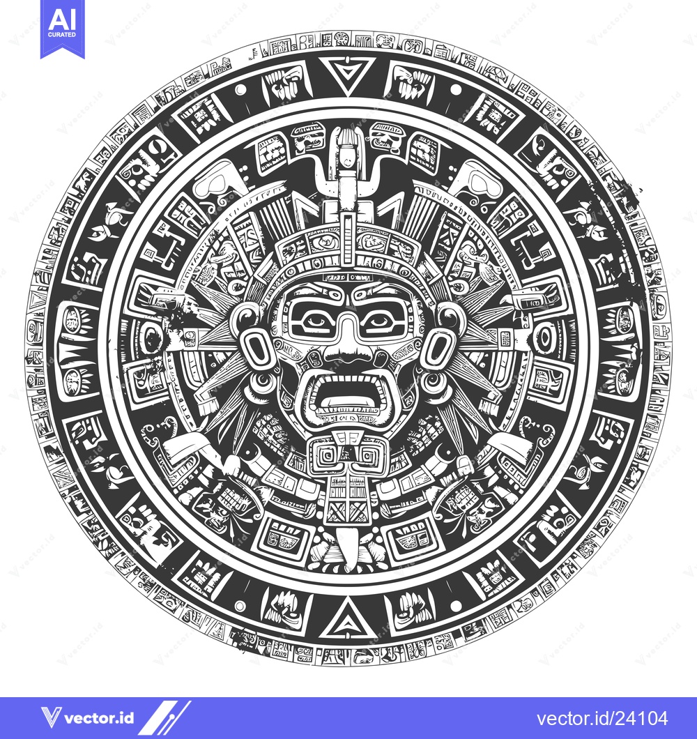 Premium Vector dari Black and White Illustration of an Aztec Calendar Stone with a Ferocio