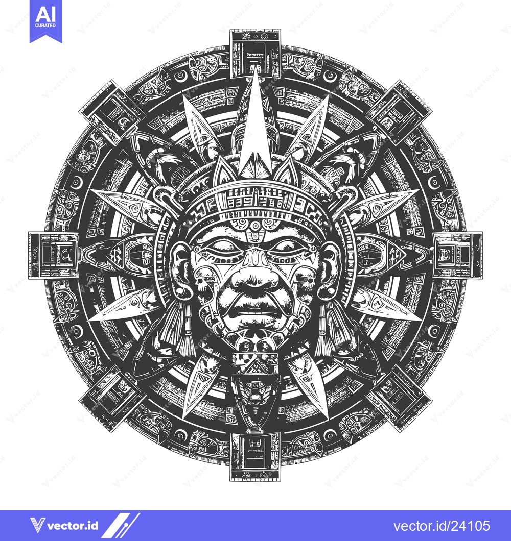 Premium Vector dari Black and White Illustration of an Aztec Calendar with a Face in the C
