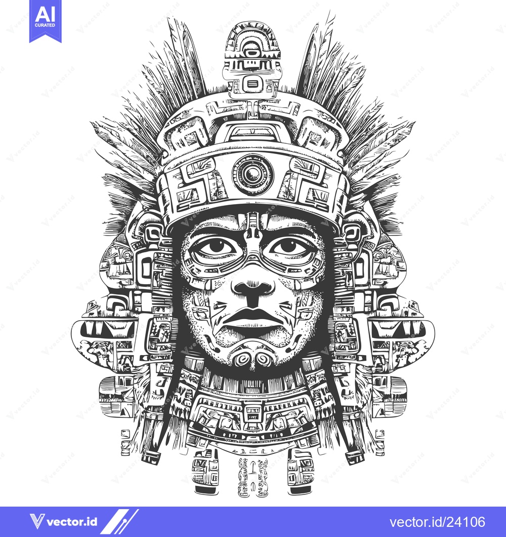 Premium Vector dari Black and White Illustration of an Aztec Deity with Feathers and Geome