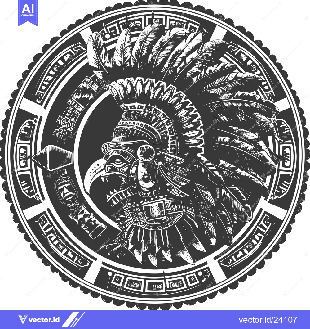 Premium Vector dari Black and White Illustration of an Aztec Eagle Warrior with Feathers