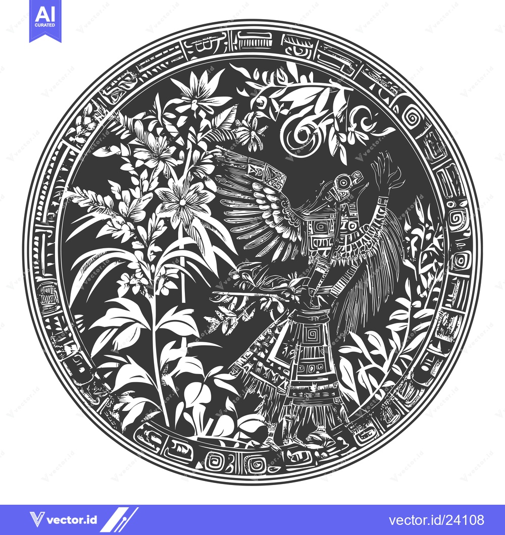 Premium Vector of Black and White Illustration of an Aztec God with Wings in a Circular