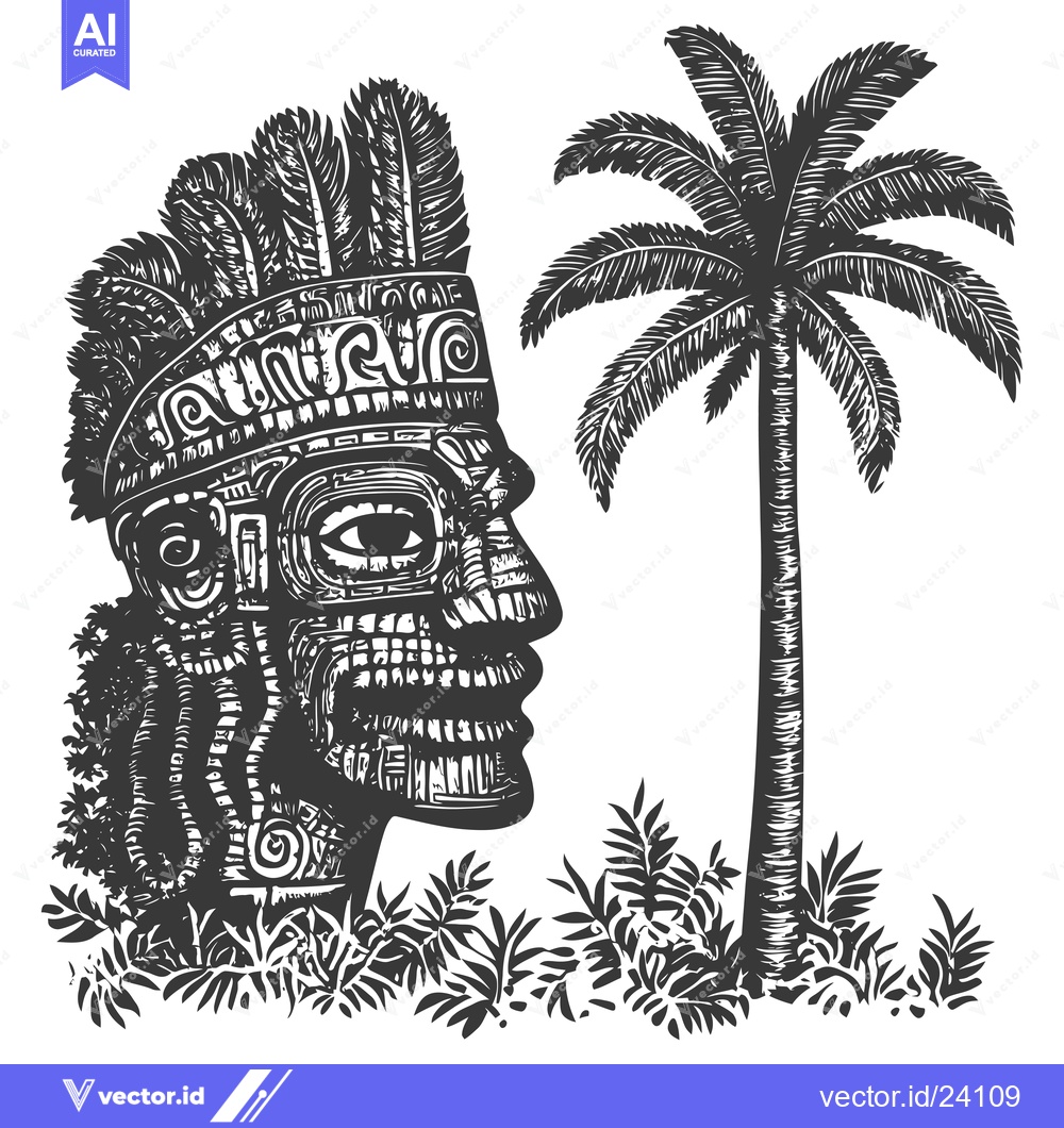 Premium Vector dari Black and White Illustration of an Aztec Head with Palm Tree