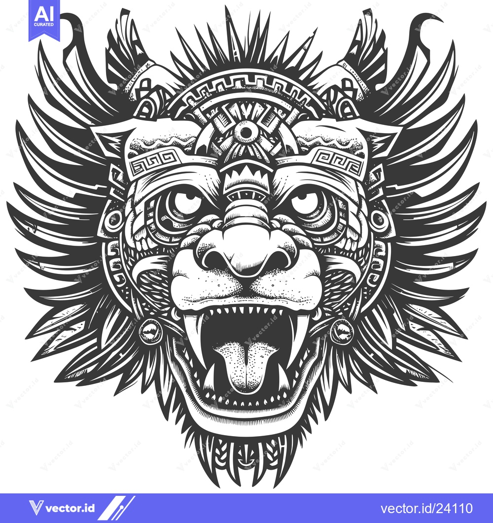 Premium Vector dari Black and White Illustration of an Aztec Jaguar with Wings