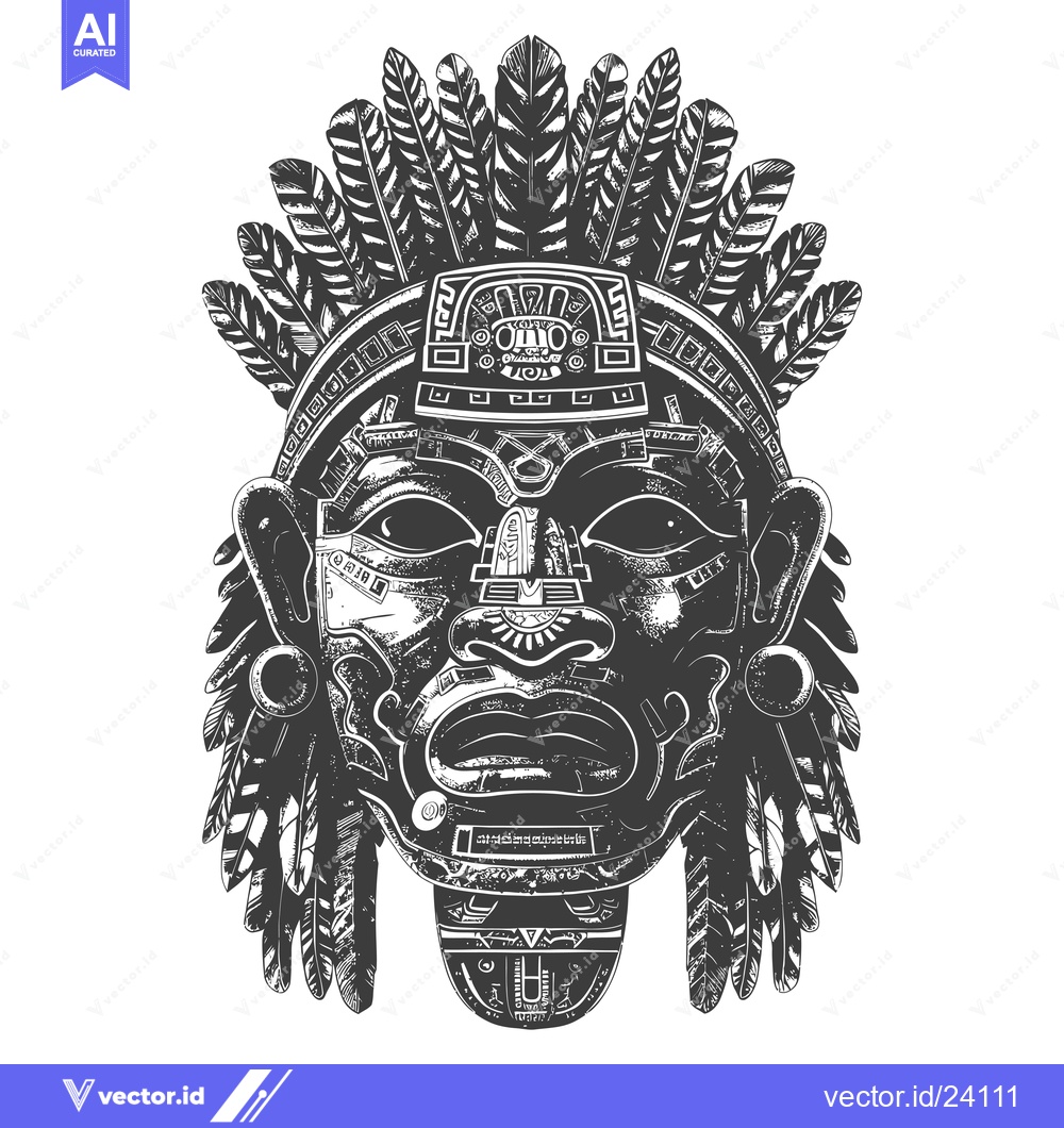 Premium Vector of Black and White Illustration of an Aztec Mask with Feathers
