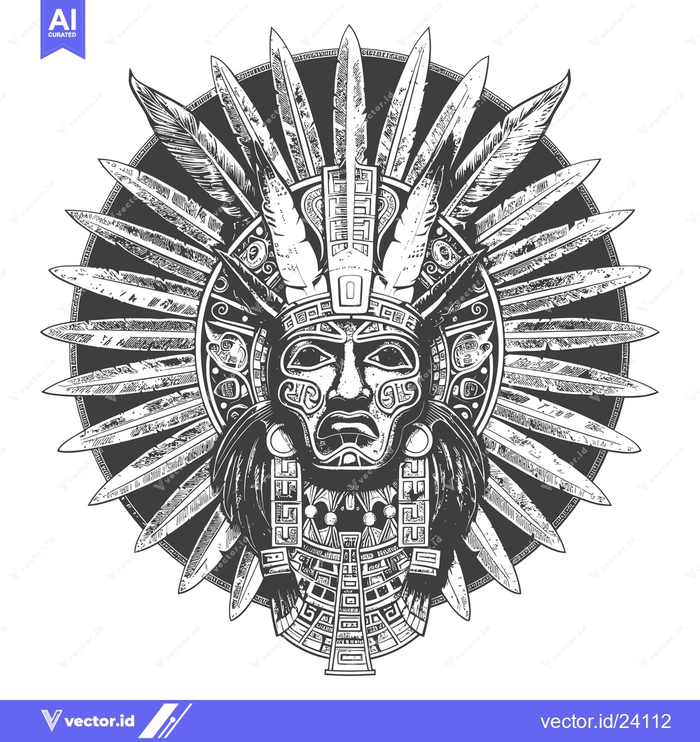 Premium Vector dari Black and White Illustration of an Aztec Mask with Feathers