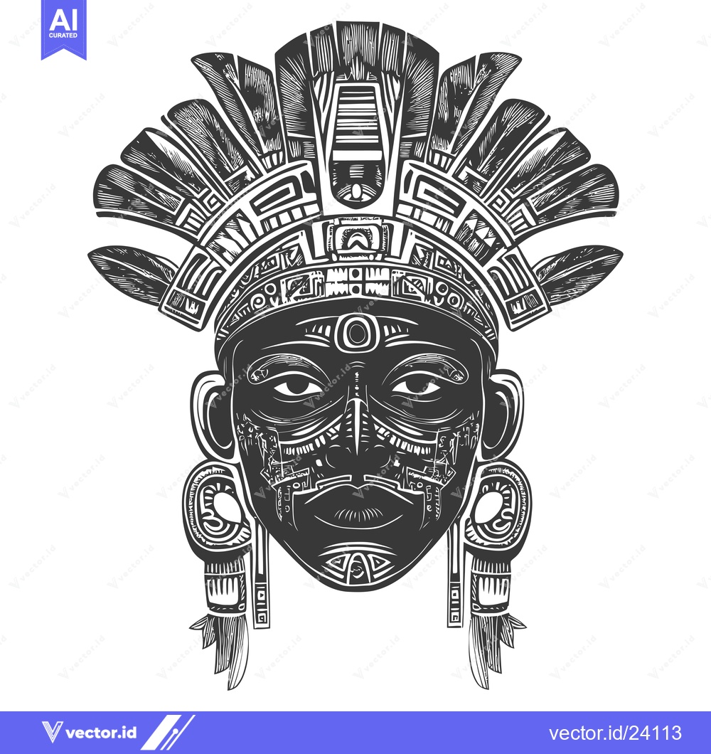 Premium Vector dari Black and White Illustration of an Aztec Mask with Intricate Designs