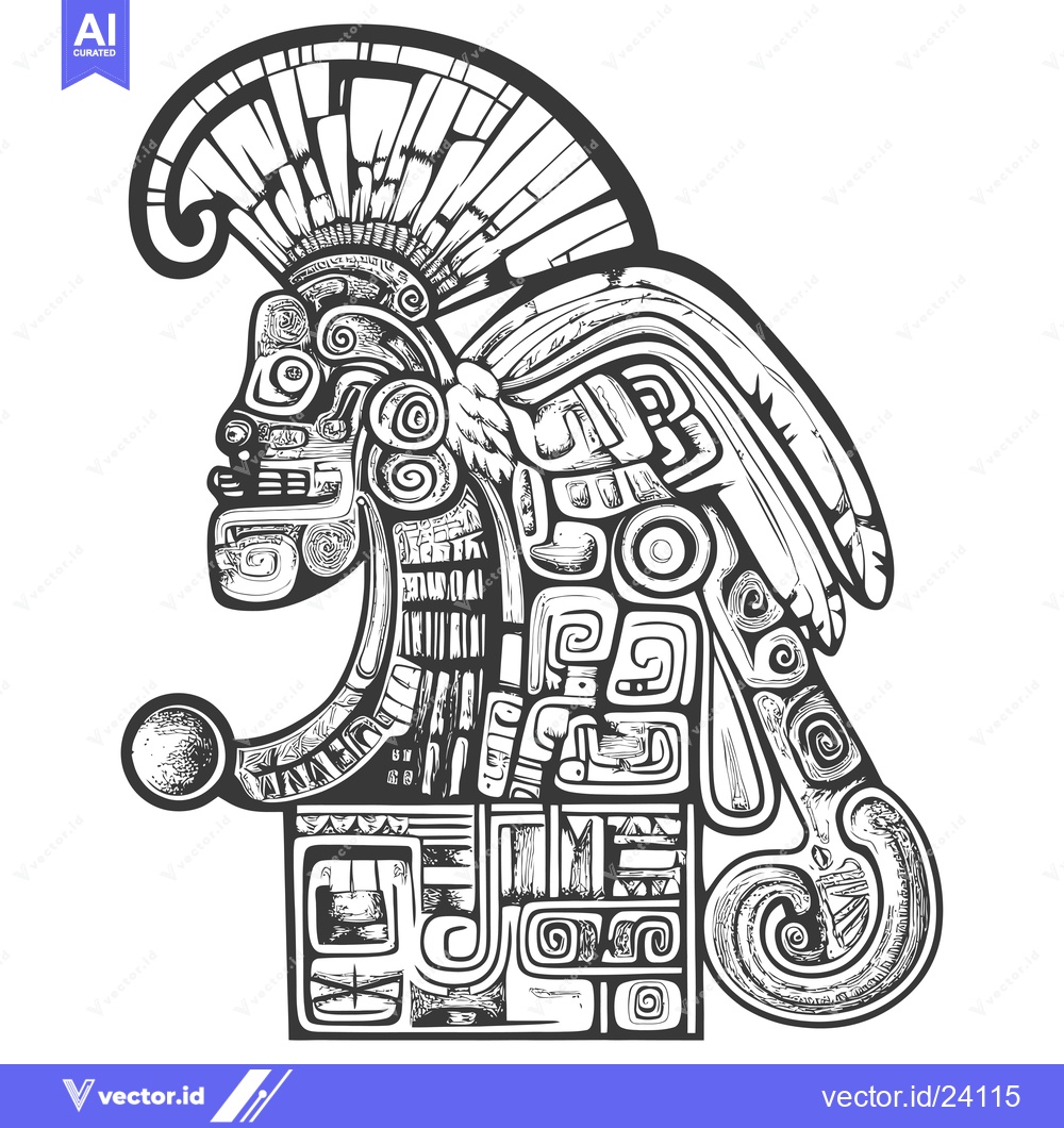 Premium Vector dari Black and White Illustration of an Aztec or Mayan Deity with a Feather