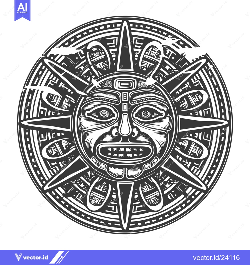 Premium Vector dari Black and White Illustration of an Aztec Sun God with Intricate Design