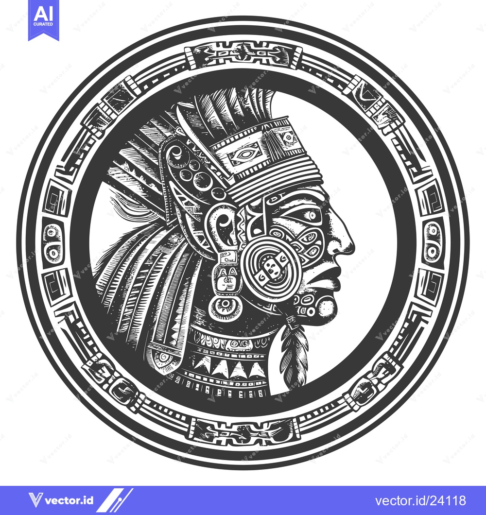 Premium Vector dari Black and White Illustration of an Aztec Warrior in a Circle