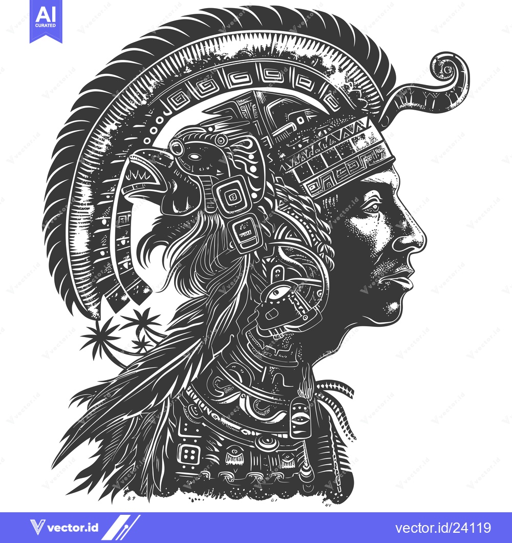 Premium Vector of Black and White Illustration of an Aztec Warrior in Profile