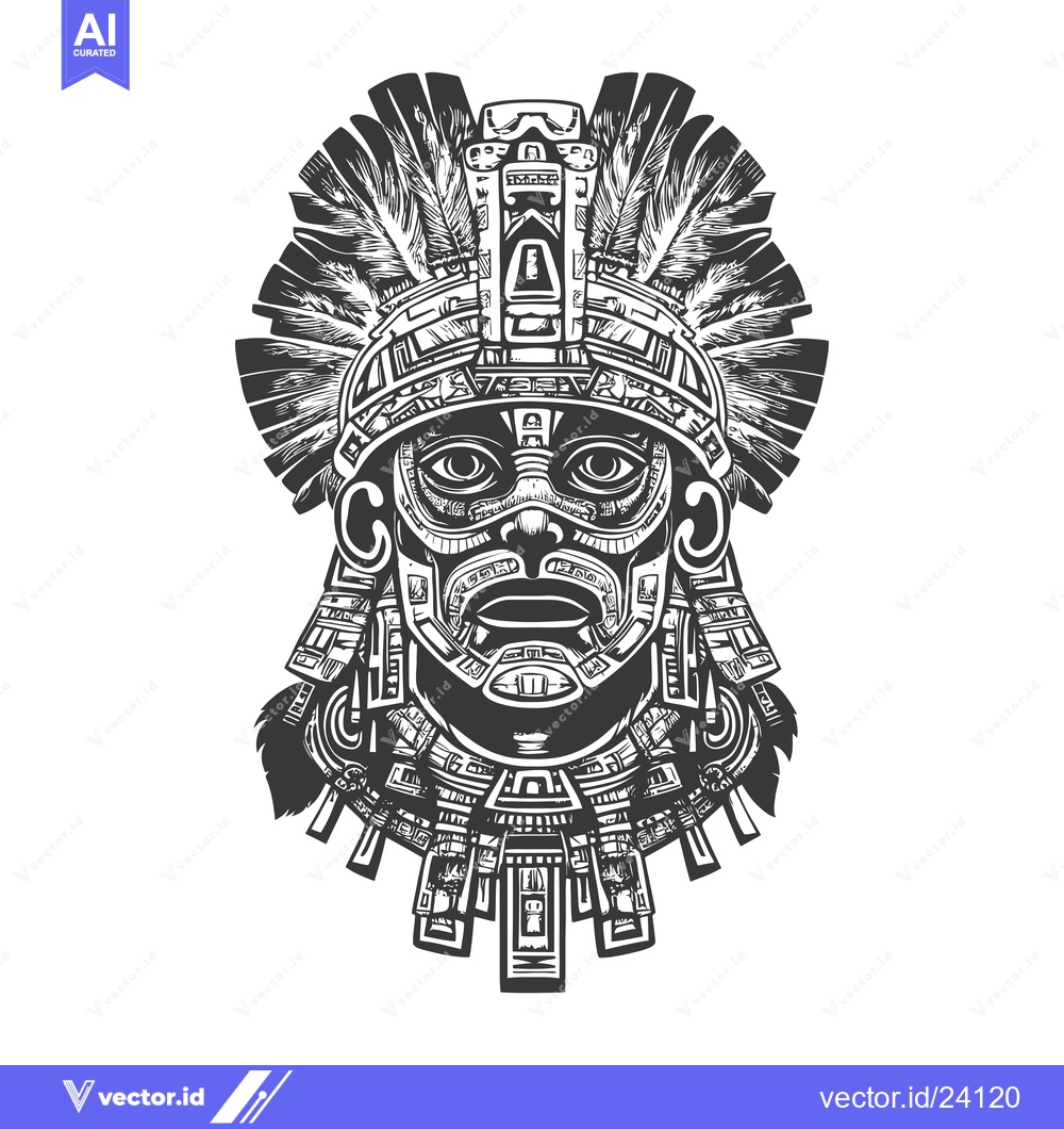 Premium Vector of Black and White Illustration of an Aztec Warrior Mask