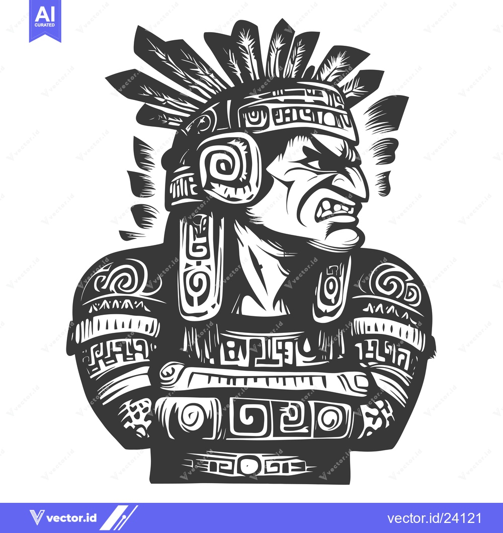 Premium Vector of Black and White Illustration of an Aztec Warrior with a Feathered Head