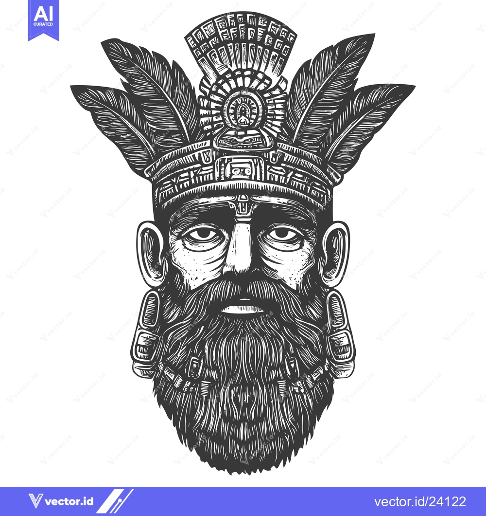 Premium Vector dari Black and White Illustration of an Aztec Warrior with a Feather Headdr