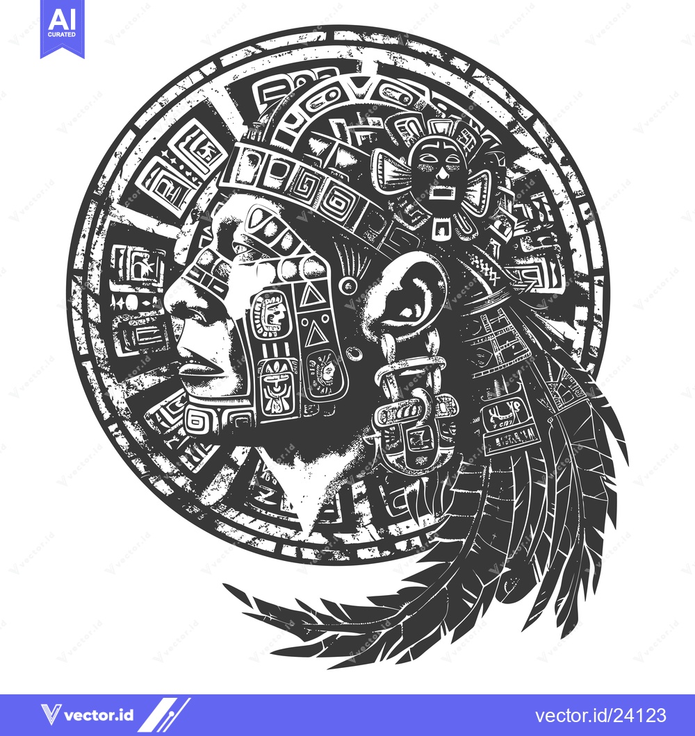 Premium Vector dari Black and White Illustration of an Aztec Warrior with Feathers