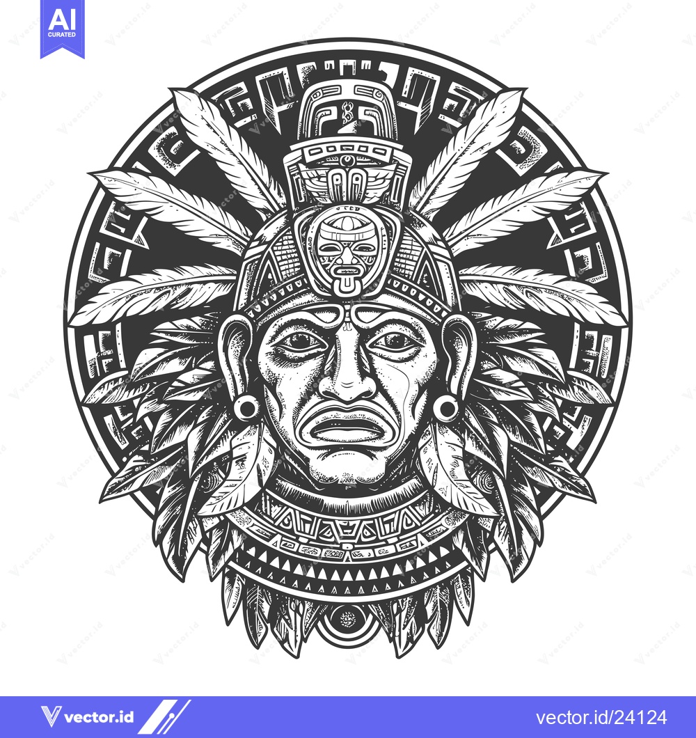 Premium Vector of Black and White Illustration of an Aztec Warrior with Feathers