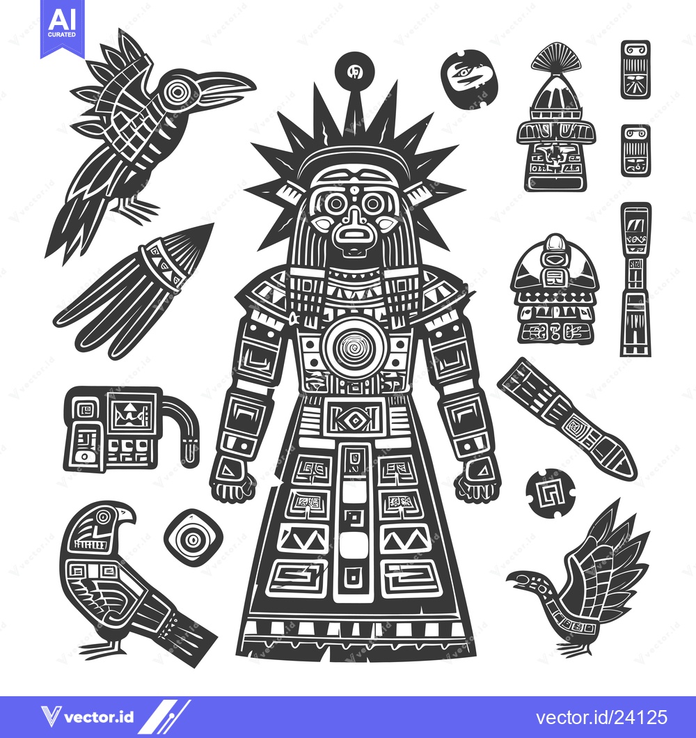 Premium Vector dari Black and White Illustration of Ancient Mayan Figure with Surrounding