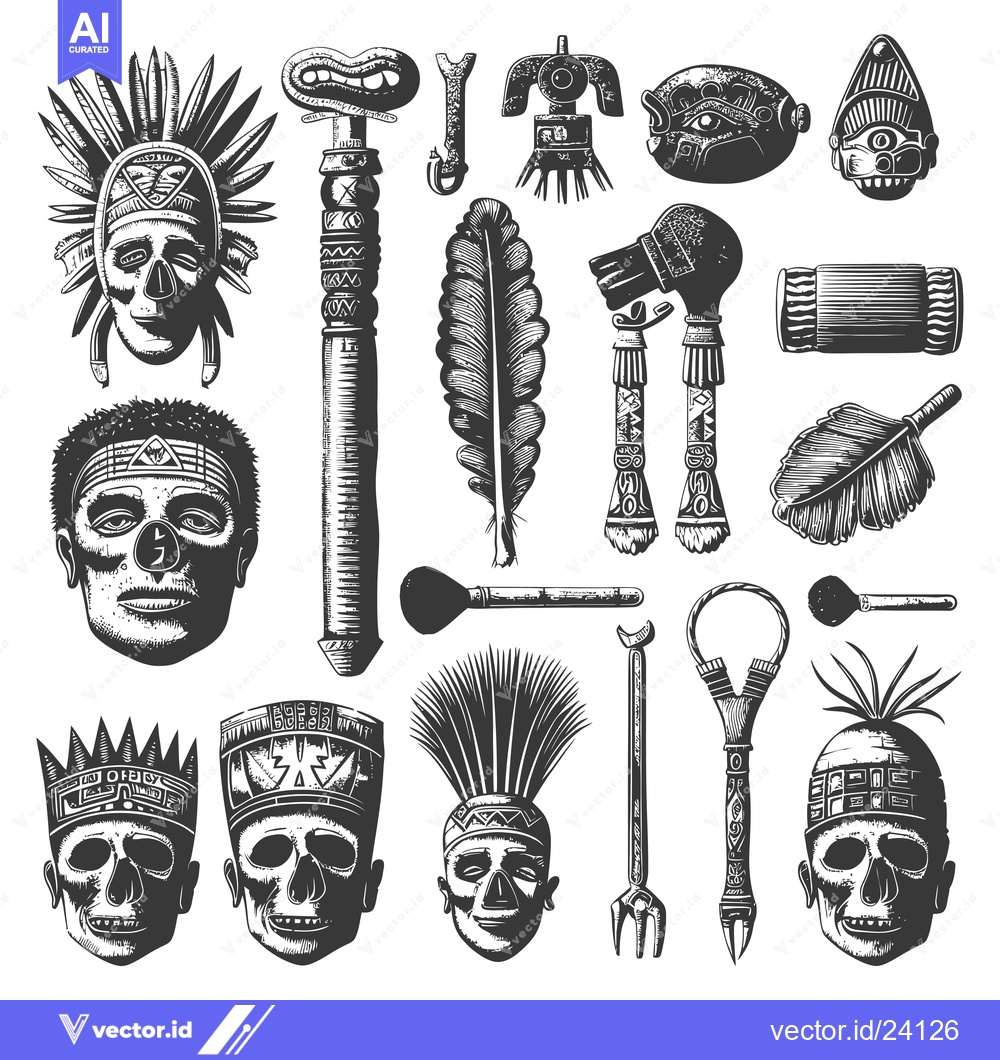 Premium Vector dari Black and White Illustration of Ancient Mayan Skulls, Masks, and Artif