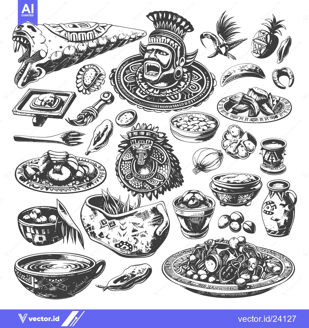 Premium Vector of Black and White Illustration of Ancient Mesoamerican Food and Culture