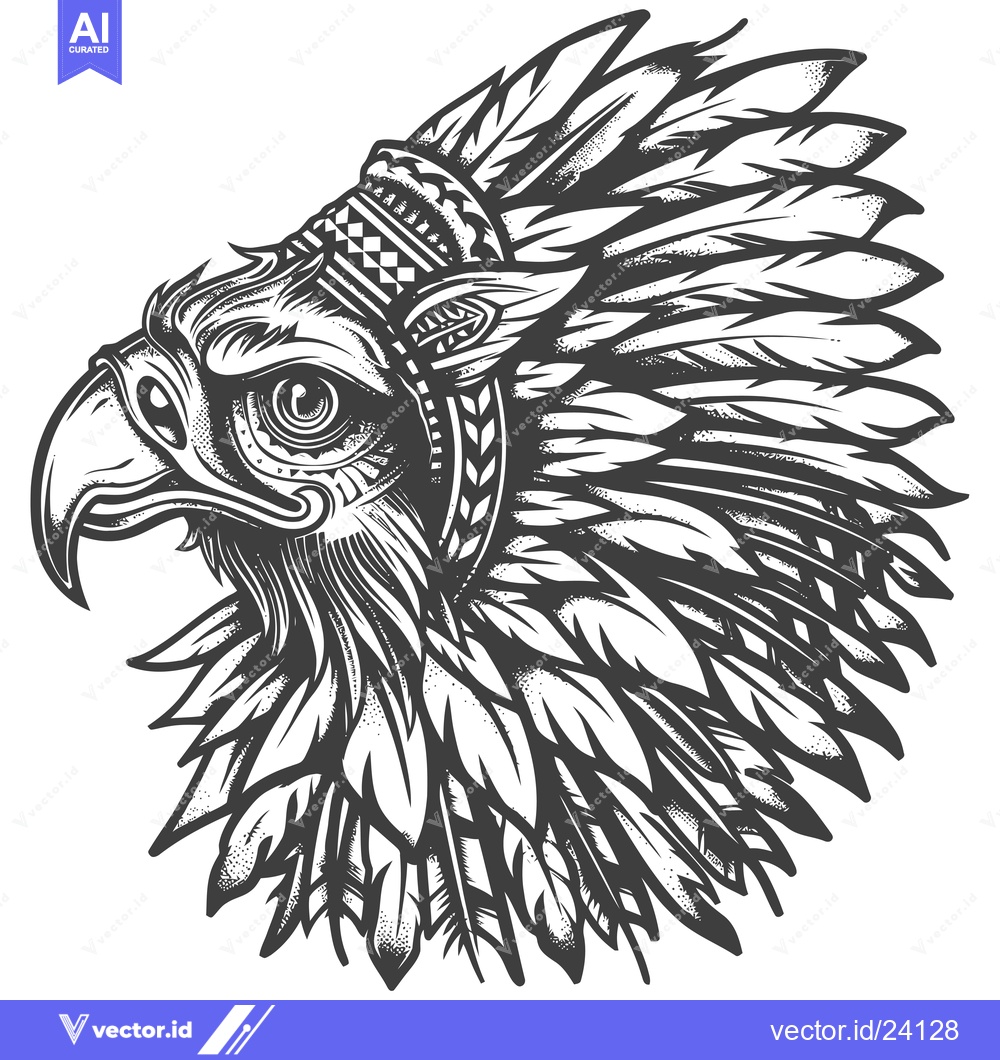 Premium Vector of Black and white illustration of an eagle head with feathers