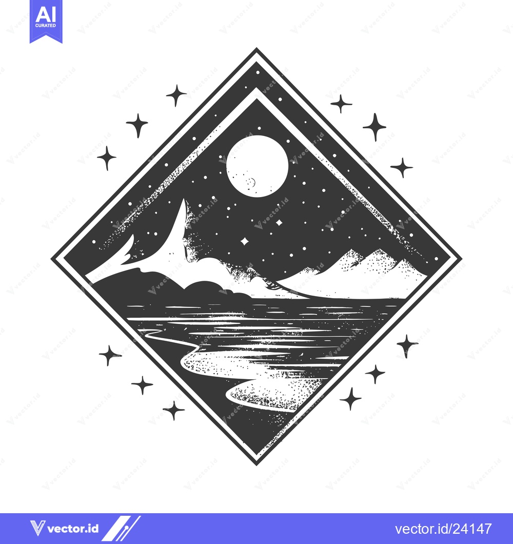 Premium Vector dari Black and White Illustration of a Nighttime Landscape with Mountains,