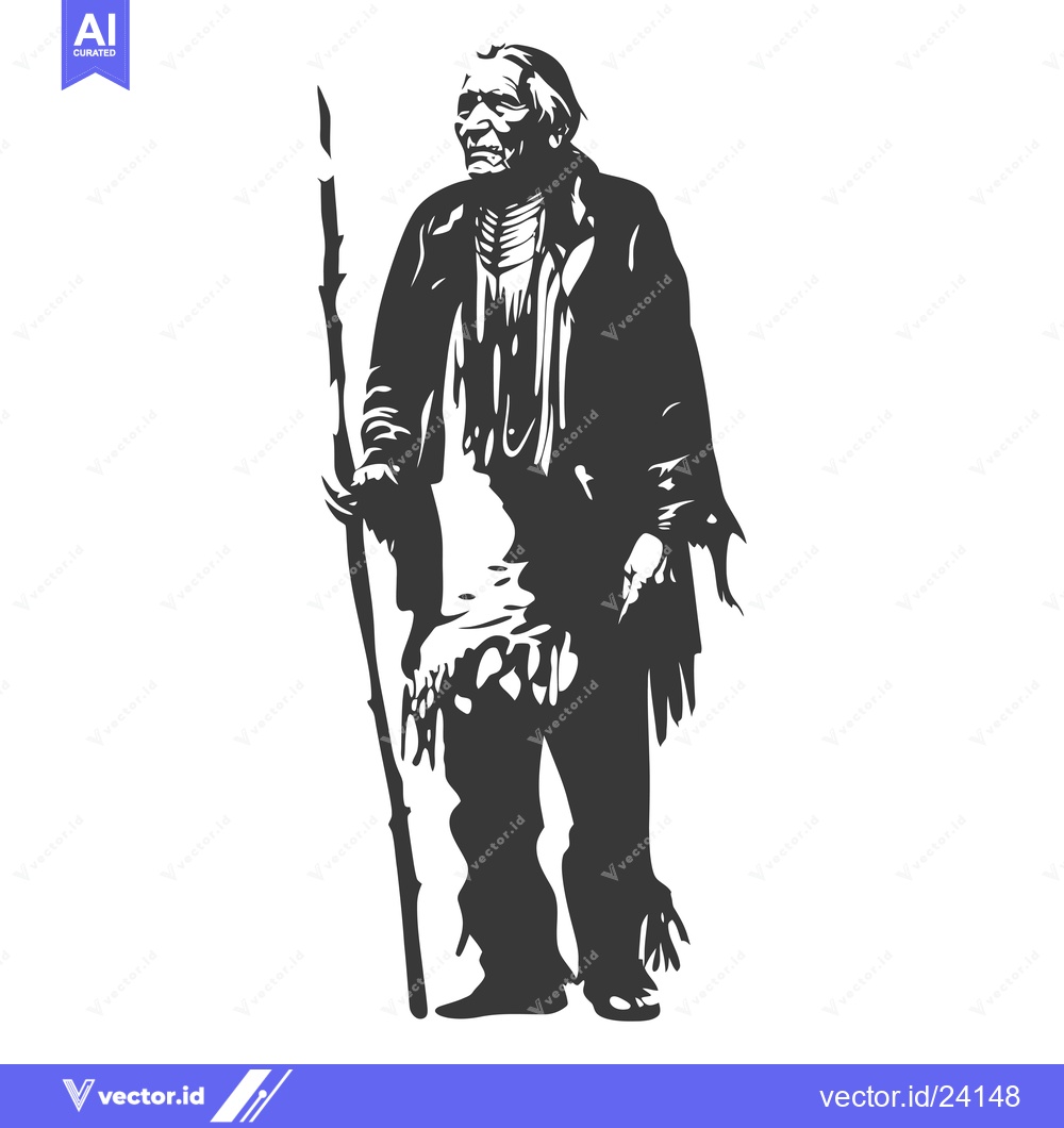 Premium Vector dari Black and White Illustration of an Indigenous Elder Holding a Staff