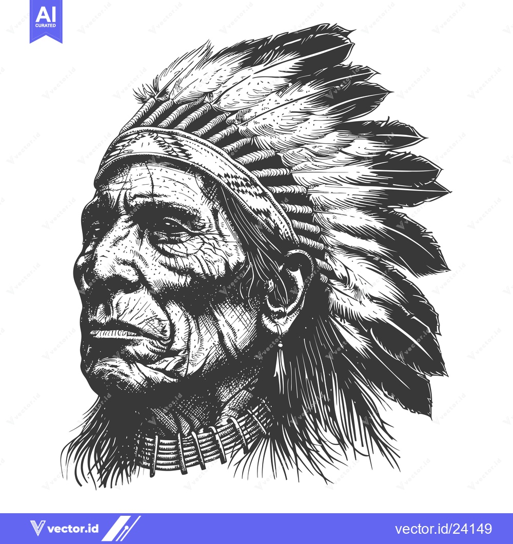 Premium Vector dari Black and White Illustration of an Indigenous Man in Headdress