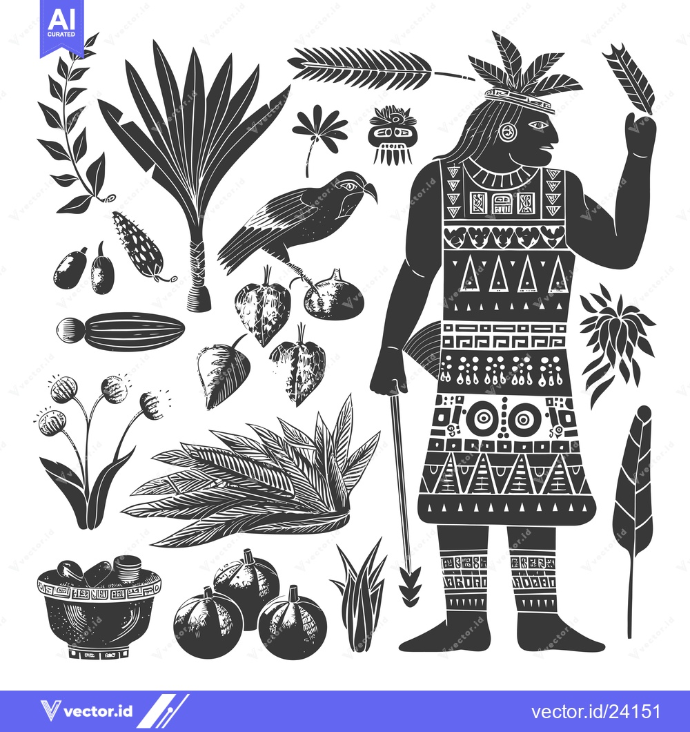 Premium Vector of Black and White Illustration of an Indigenous Person Surrounded by Tro