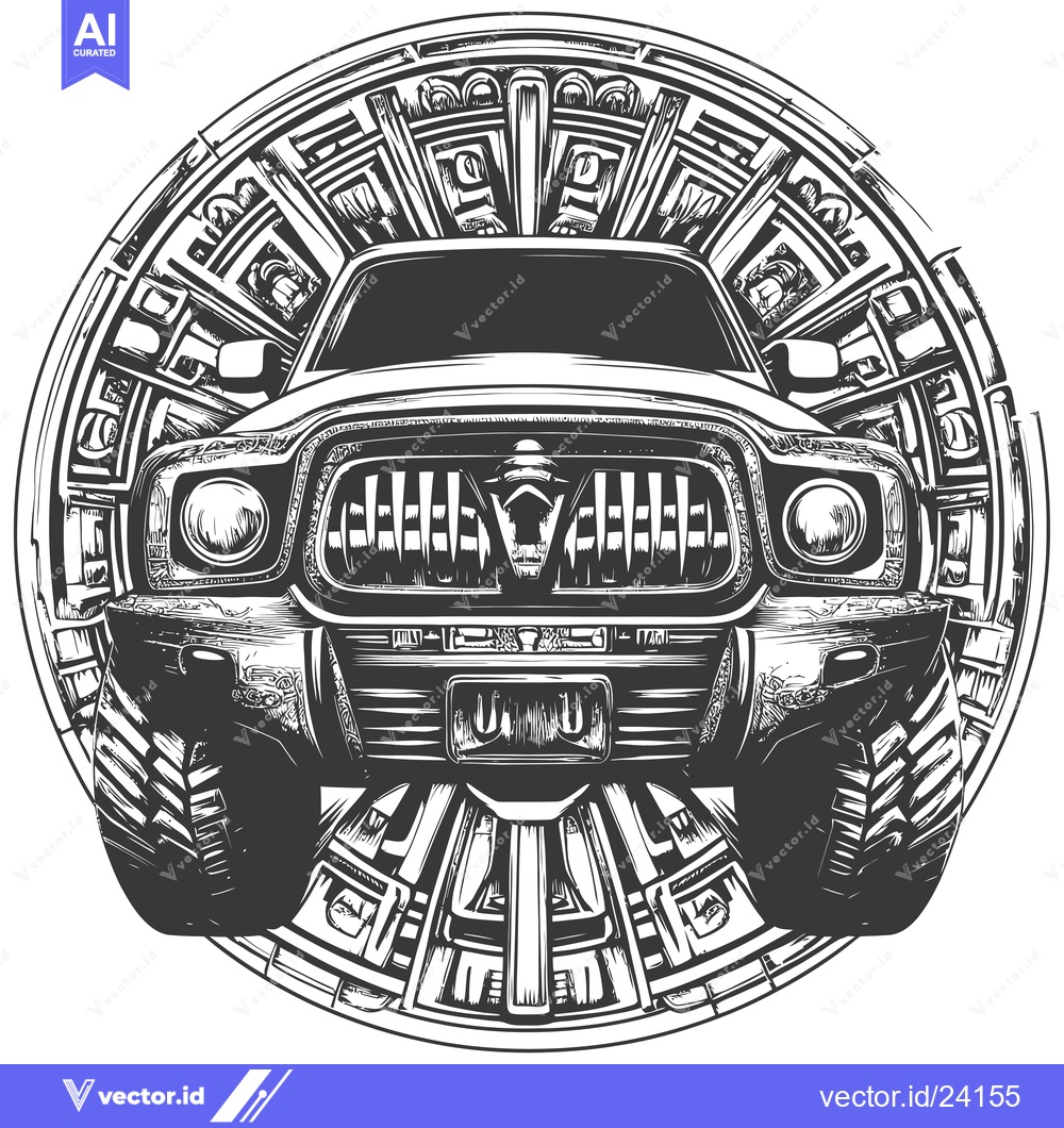 Premium Vector of Black and White Illustration of an Off-Road Vehicle Surrounded by Abst