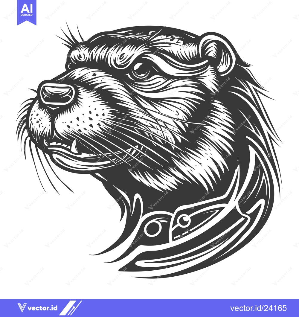 Premium Vector dari Black and White Illustration of an Otter's Head with a Collar