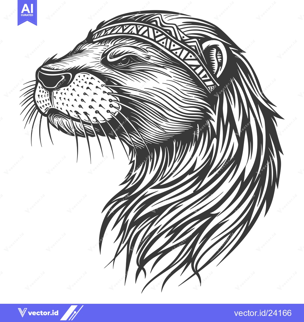 Premium Vector of Black and White Illustration of an Otter's Head with a Tribal Headband