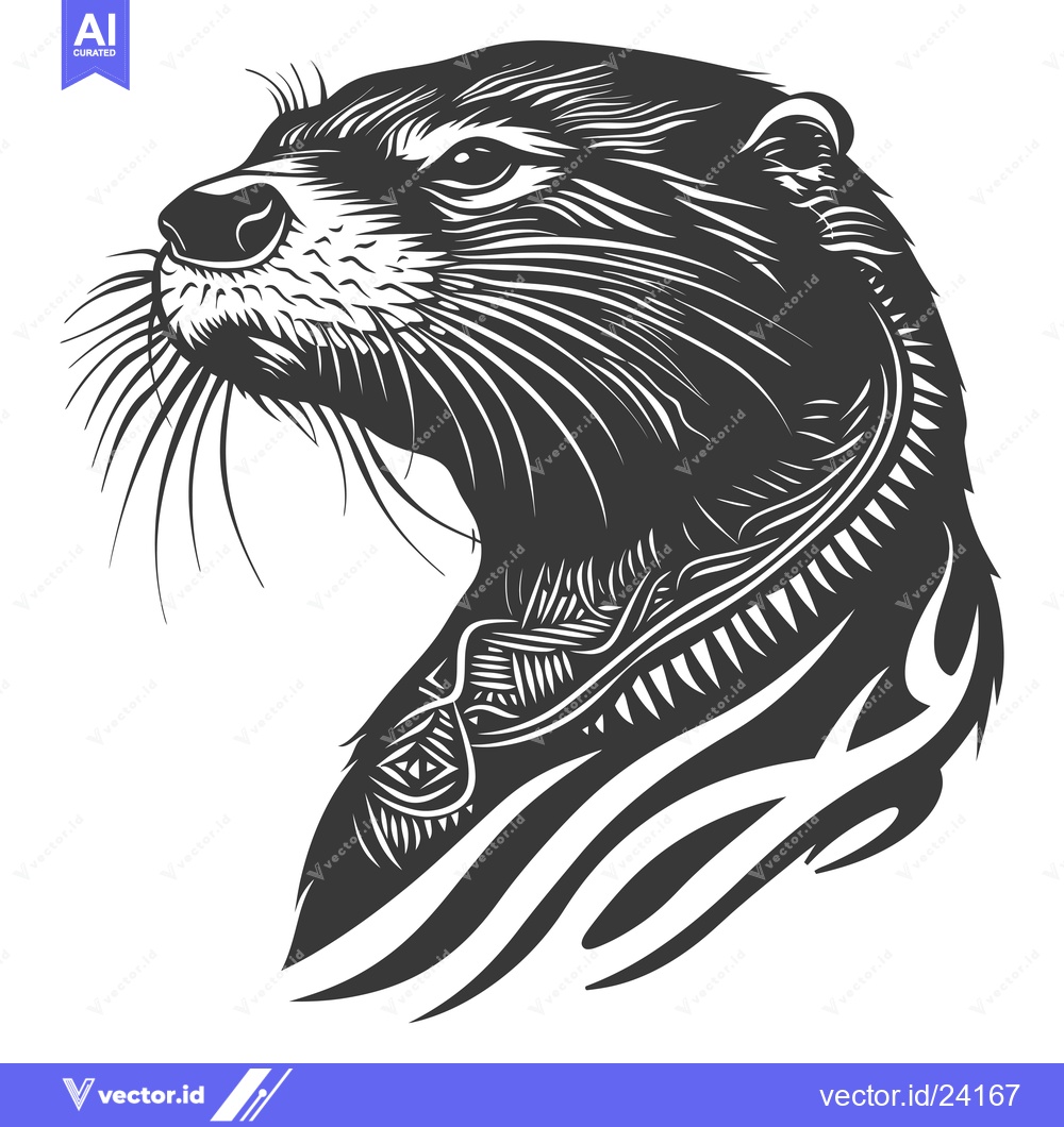 Premium Vector dari Black and White Illustration of an Otter's Head with Tribal Design