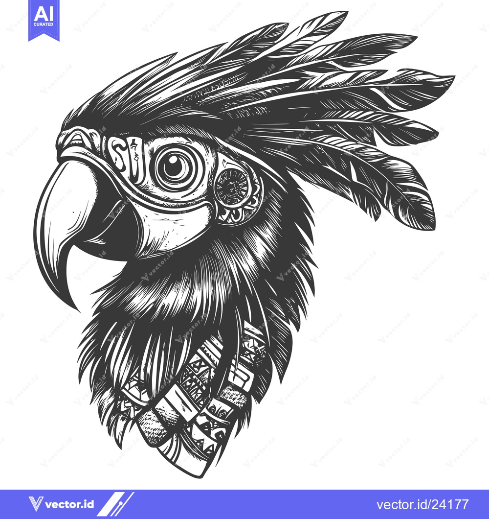 Premium Vector dari Black and White Illustration of a Parrot's Head with Feathers