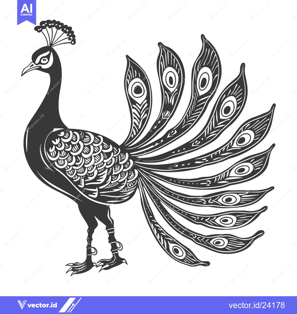 Premium Vector of Black and White Illustration of a Peacock with its Tail Feathers Sprea