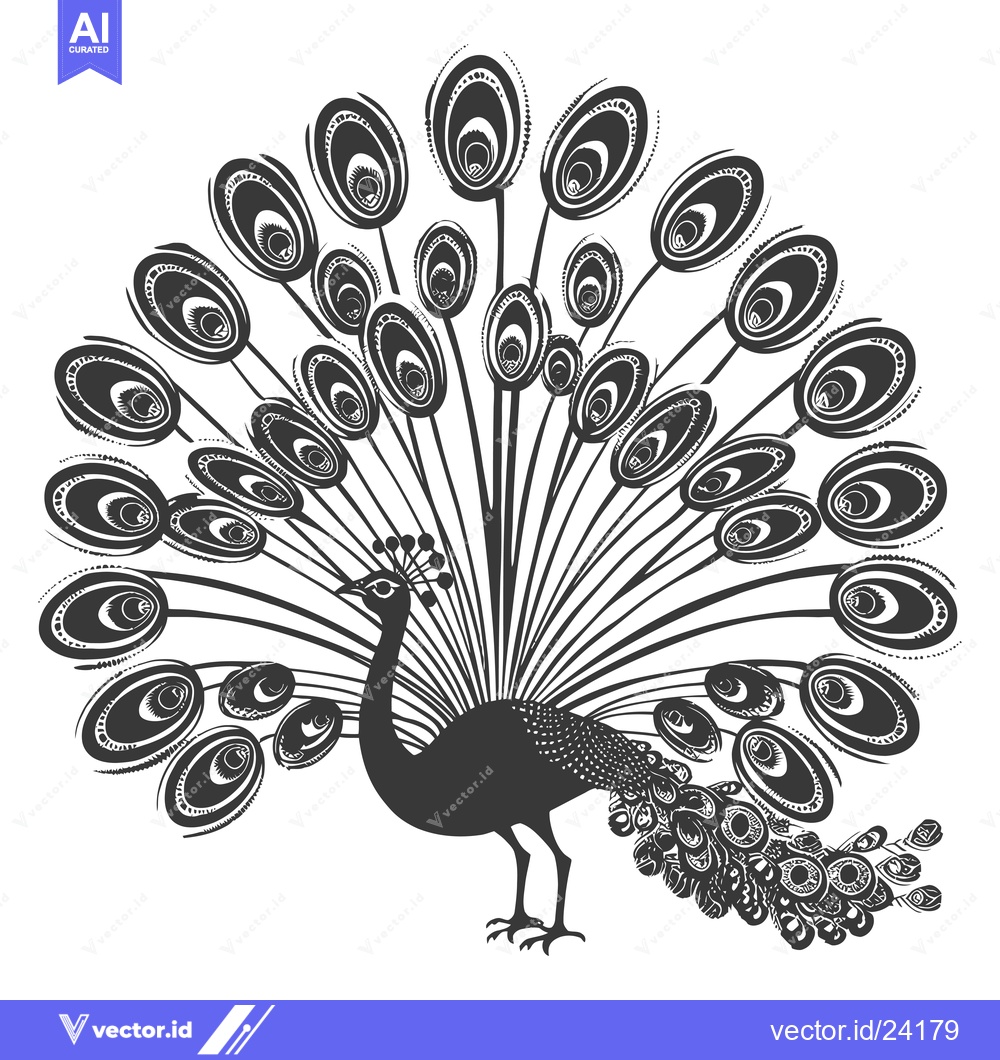 Premium Vector dari Black and White Illustration of a Peacock with its Tail Feathers Sprea