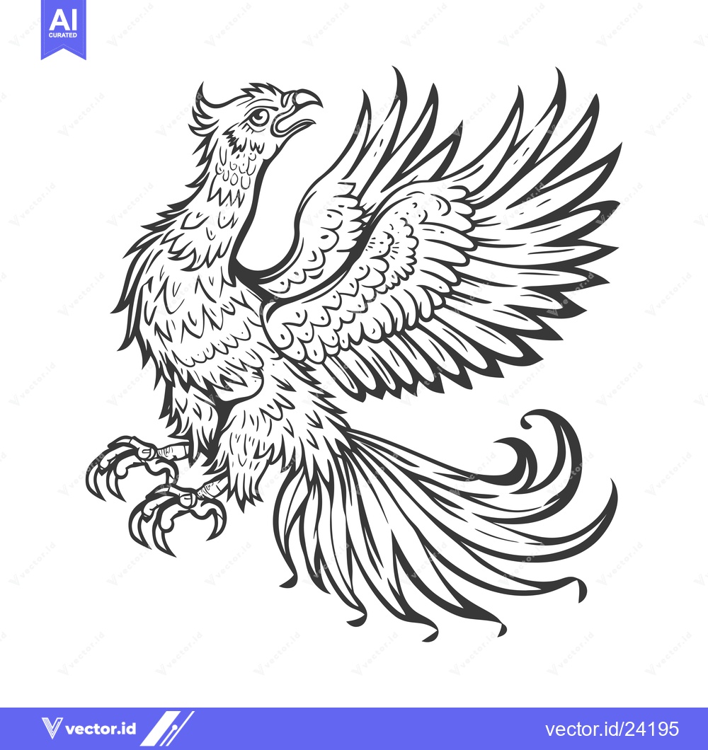 Premium Vector of Black and White Illustration of a Phoenix Bird with Spread Wings