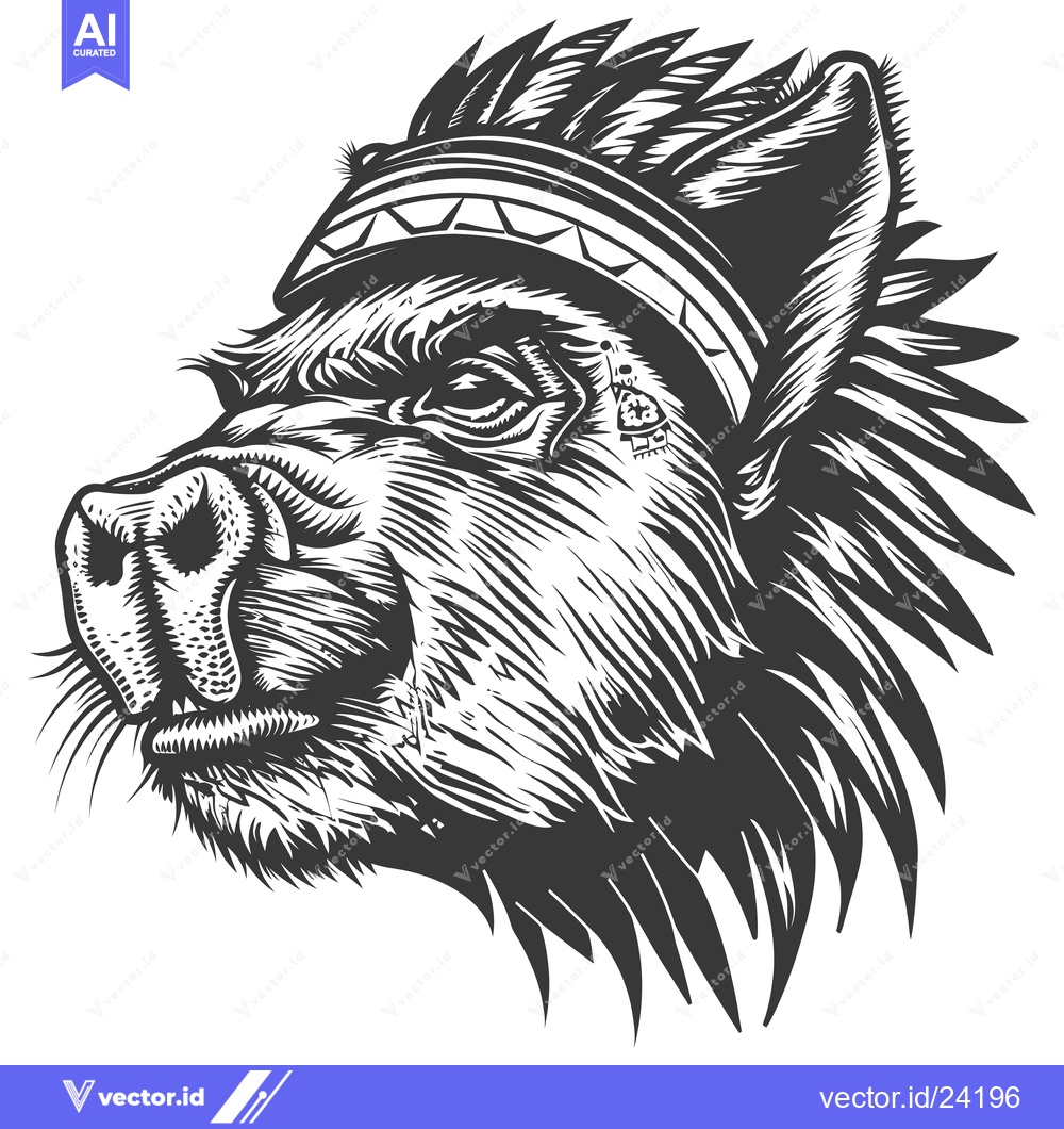 Premium Vector dari Black and White Illustration of a Pig Wearing a Headdress