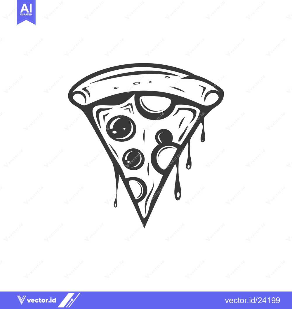 Premium Vector of Black and white illustration of a pizza slice with dripping cheese