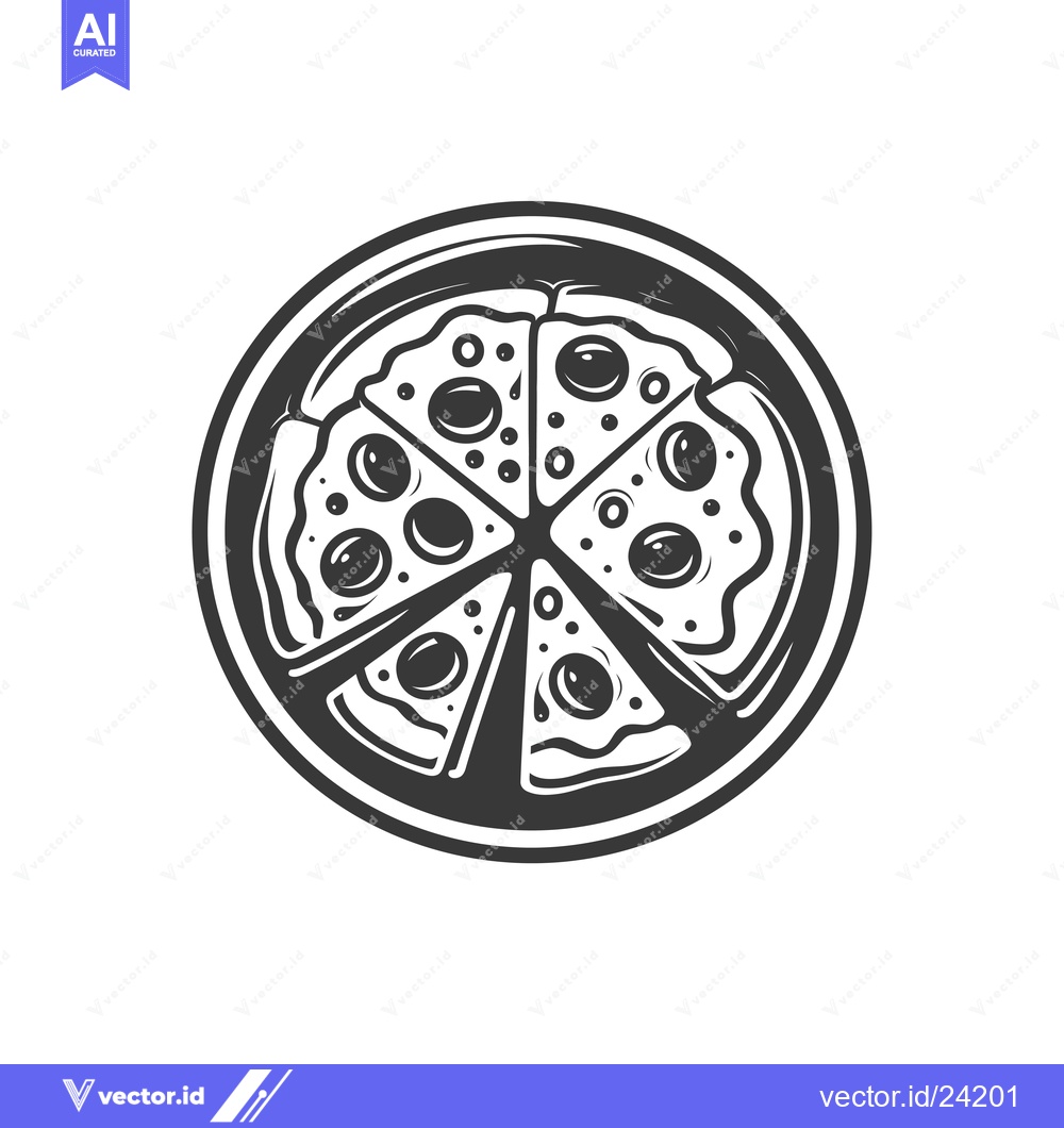 Premium Vector of Black and White Illustration of a Pizza with Olives